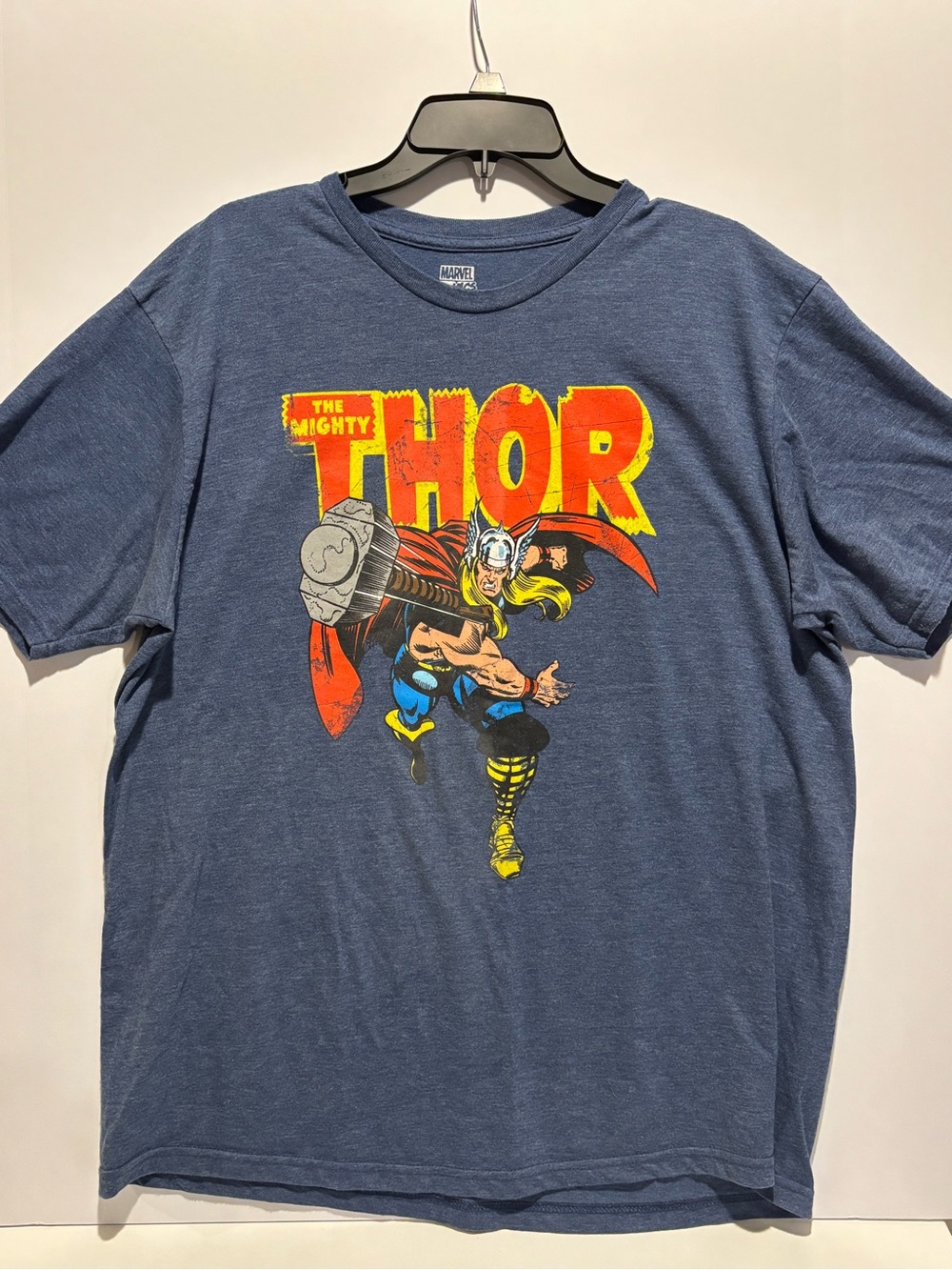 Marvel Thor Comic Logo Short Sleeve Tee - Blue with Red & Yellow Print